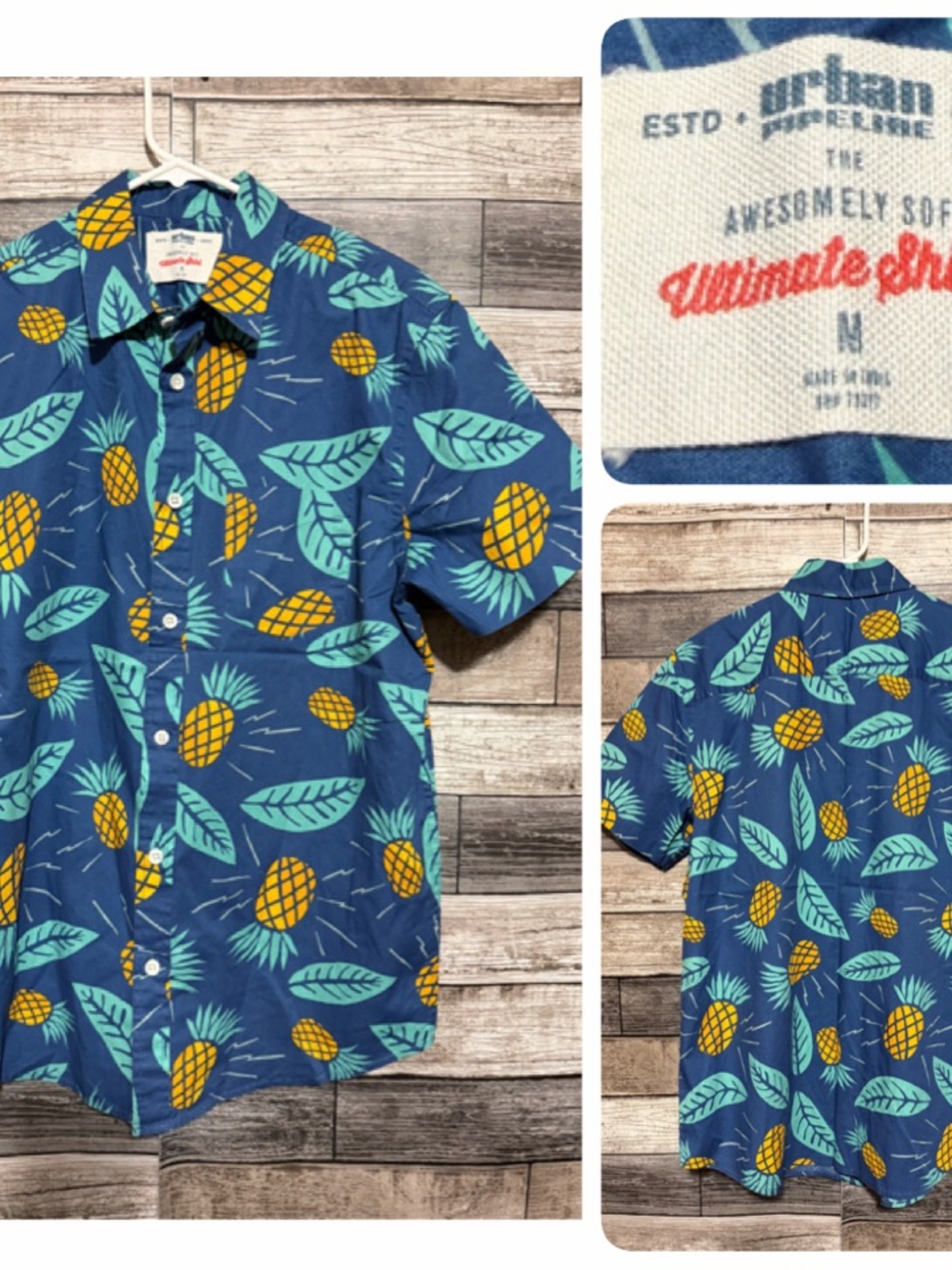 Urban Pipeline Pineapple Short Sleeve Button Up Shirt Men’s M Blue Hawaiian